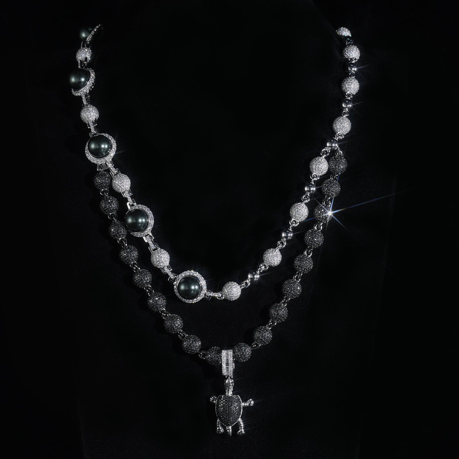 Black Pearls & Iced Out Round Beads Turtle Charm — Luxury Hip Hop Jewelry