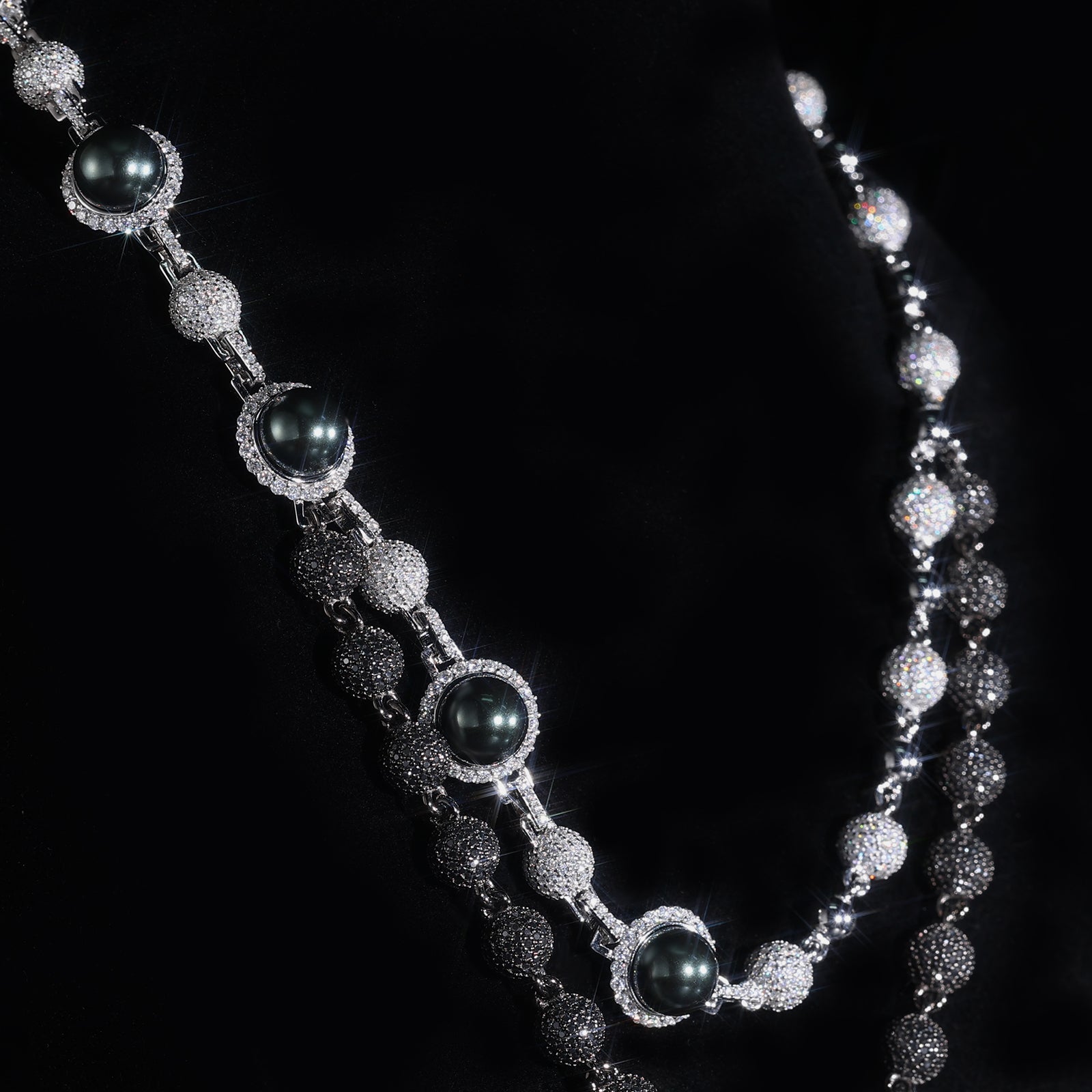 Black Pearls & Iced Out Round Beads Turtle Charm — Luxury Hip Hop Jewelry