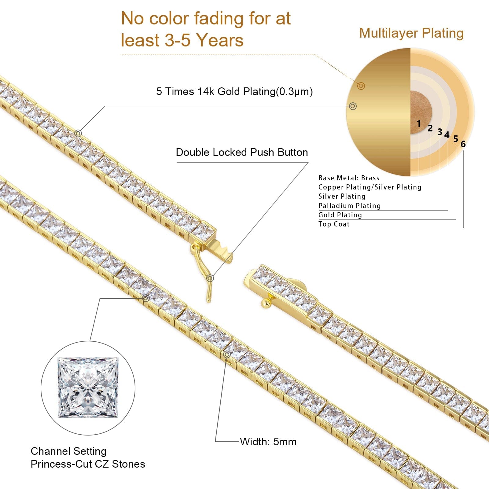 Tennis Bracelet Hip Hop Jewelry 5mm 14K Gold/White Gold