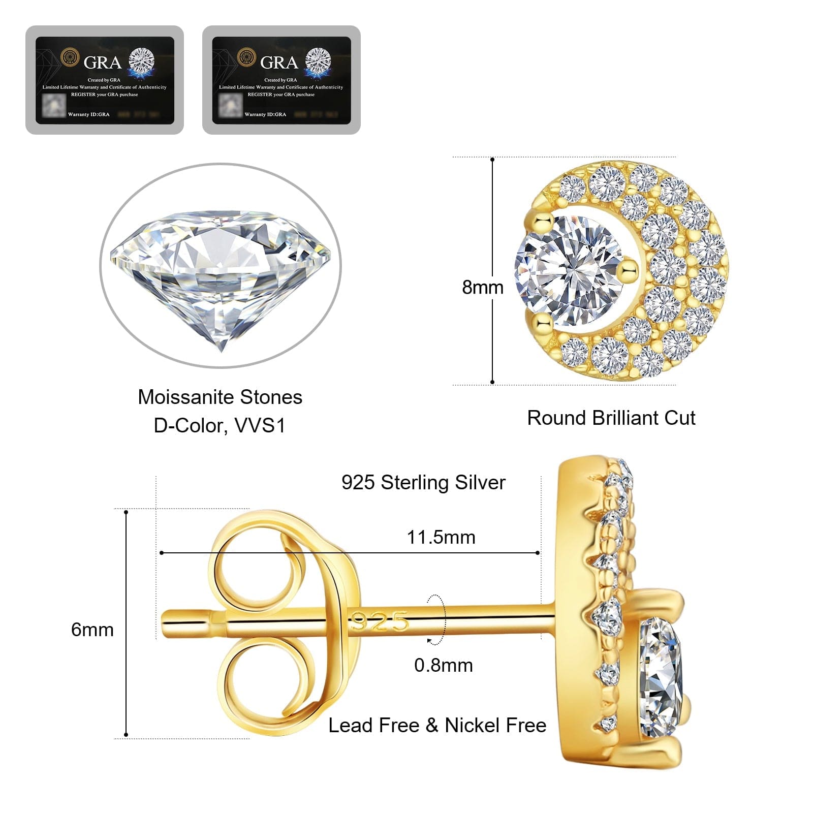 Earrings VVS1 Round Moon 1.0 Carats *2 Excellent 0202