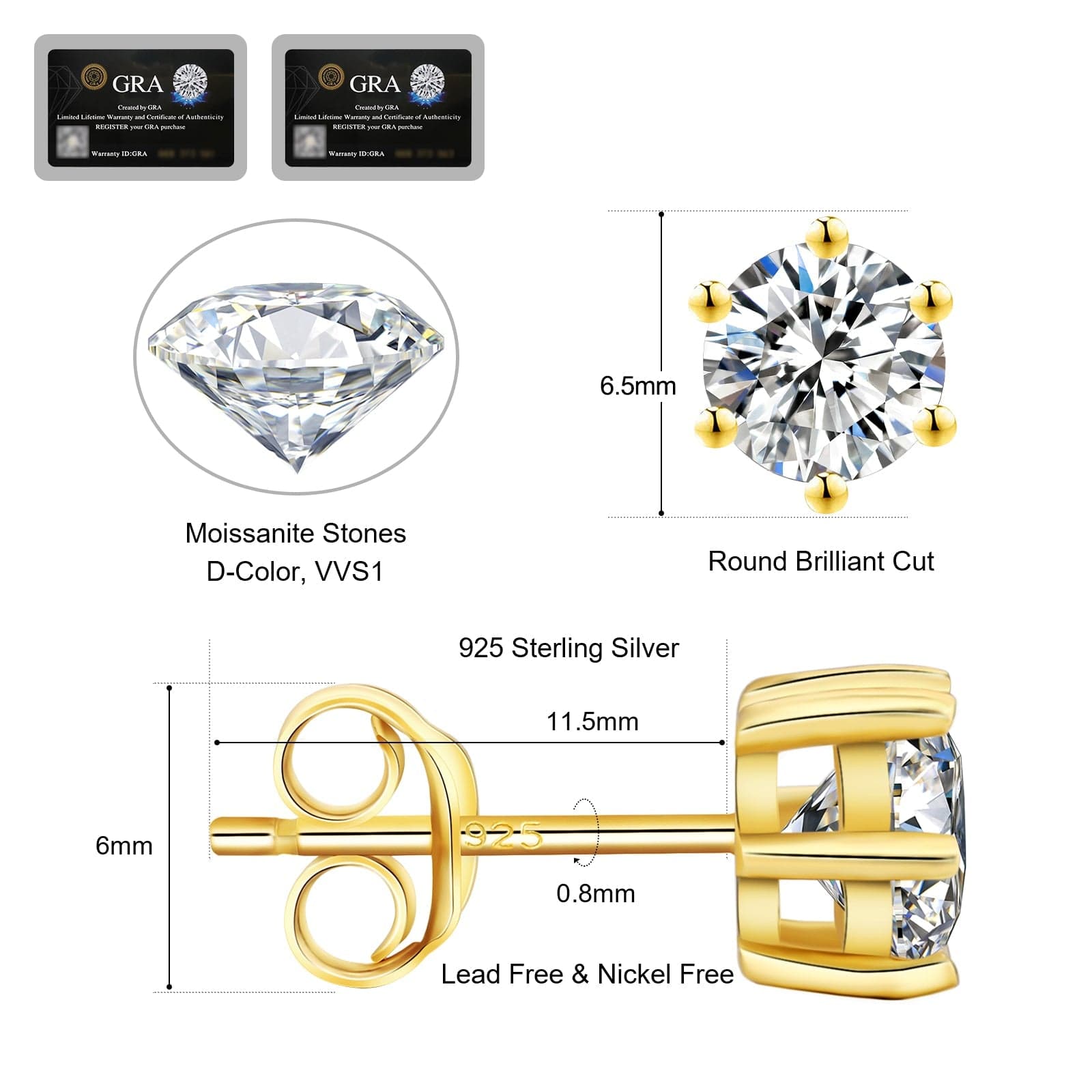 Earrings VVS1 Round 0.6/0.8/1.0 Carats *2 Excellent