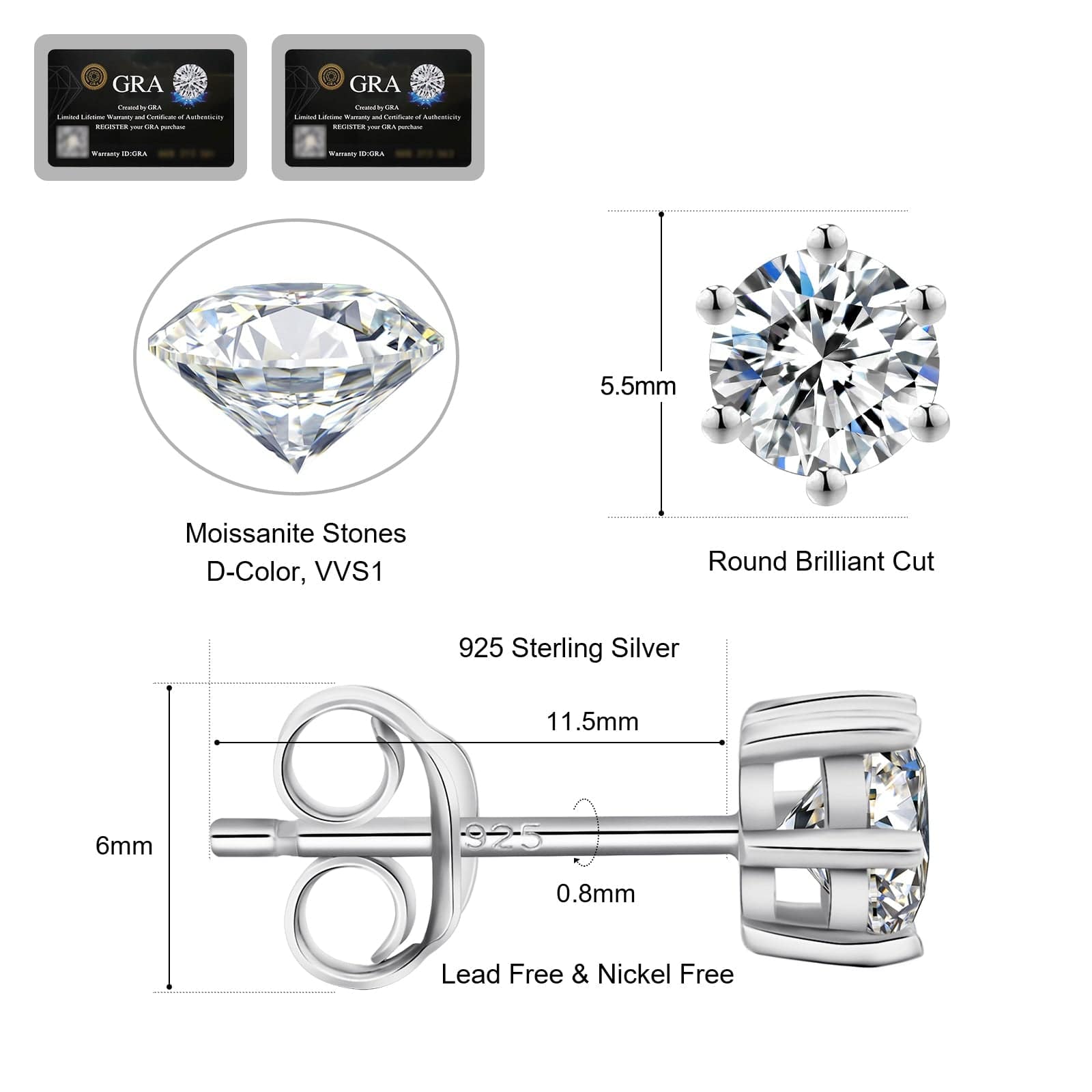 Earrings VVS1 Round 0.6/0.8/1.0 Carats *2 Excellent