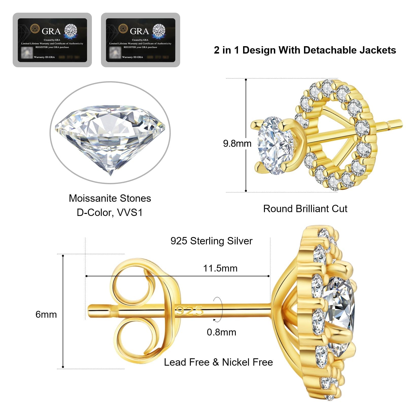 Moissanite Earrings VVS1 Round 0.5 Carats *2 Excellent Cut