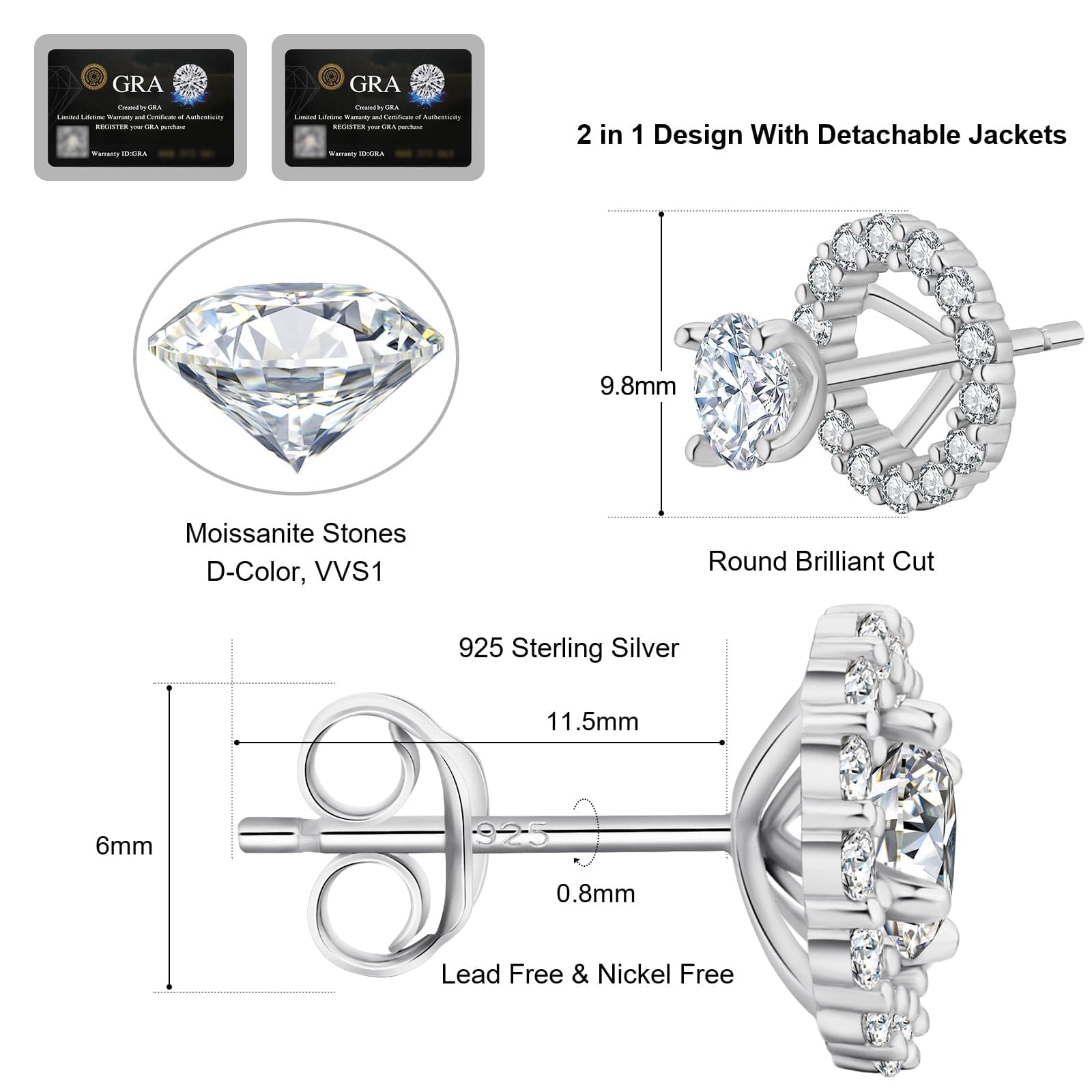 Moissanite Earrings VVS1 Round 0.5 Carats *2 Excellent Cut