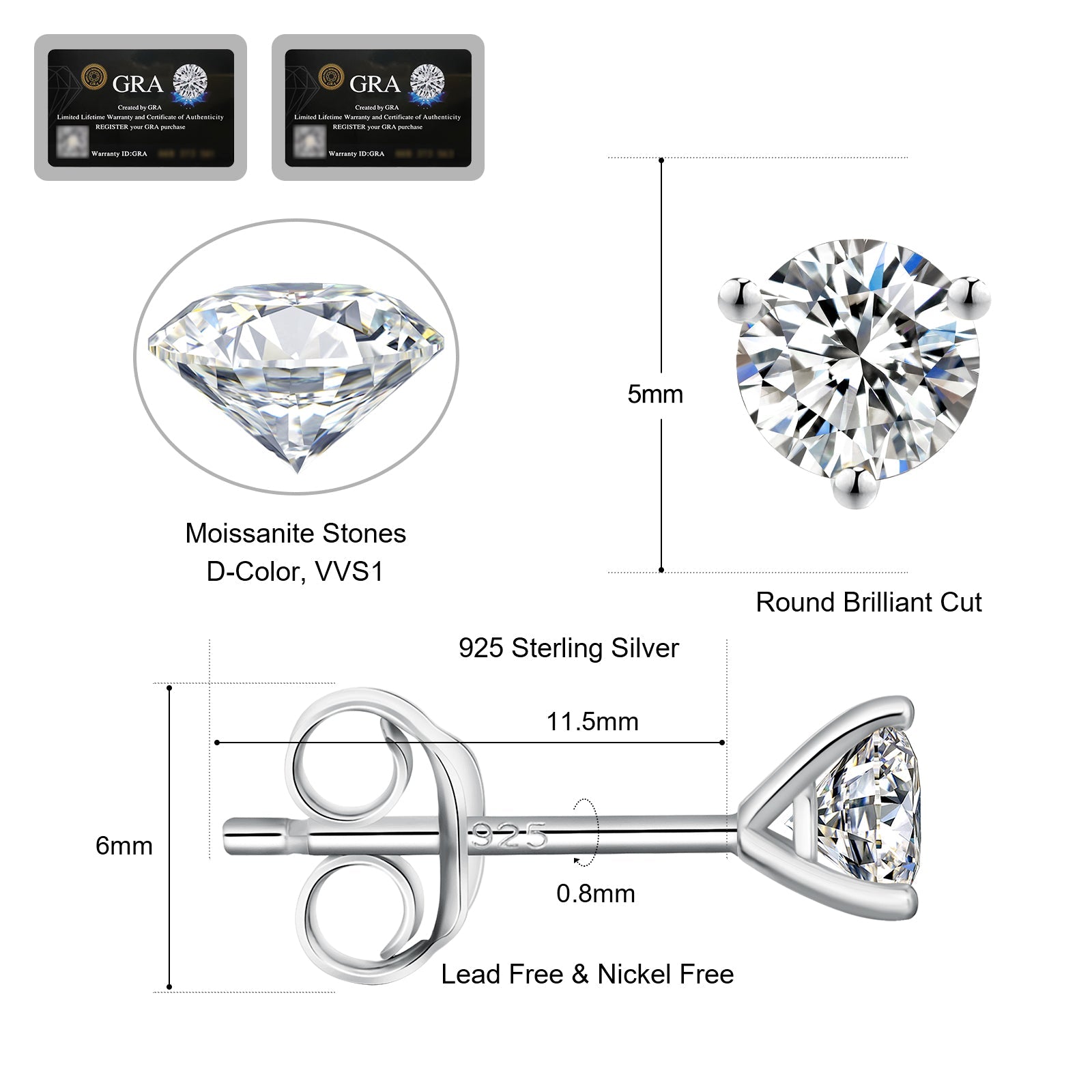 Moissanite Earrings VVS1 D Grade Excellent 0.5/0.8/1.0/1.5 Carats *2 Round