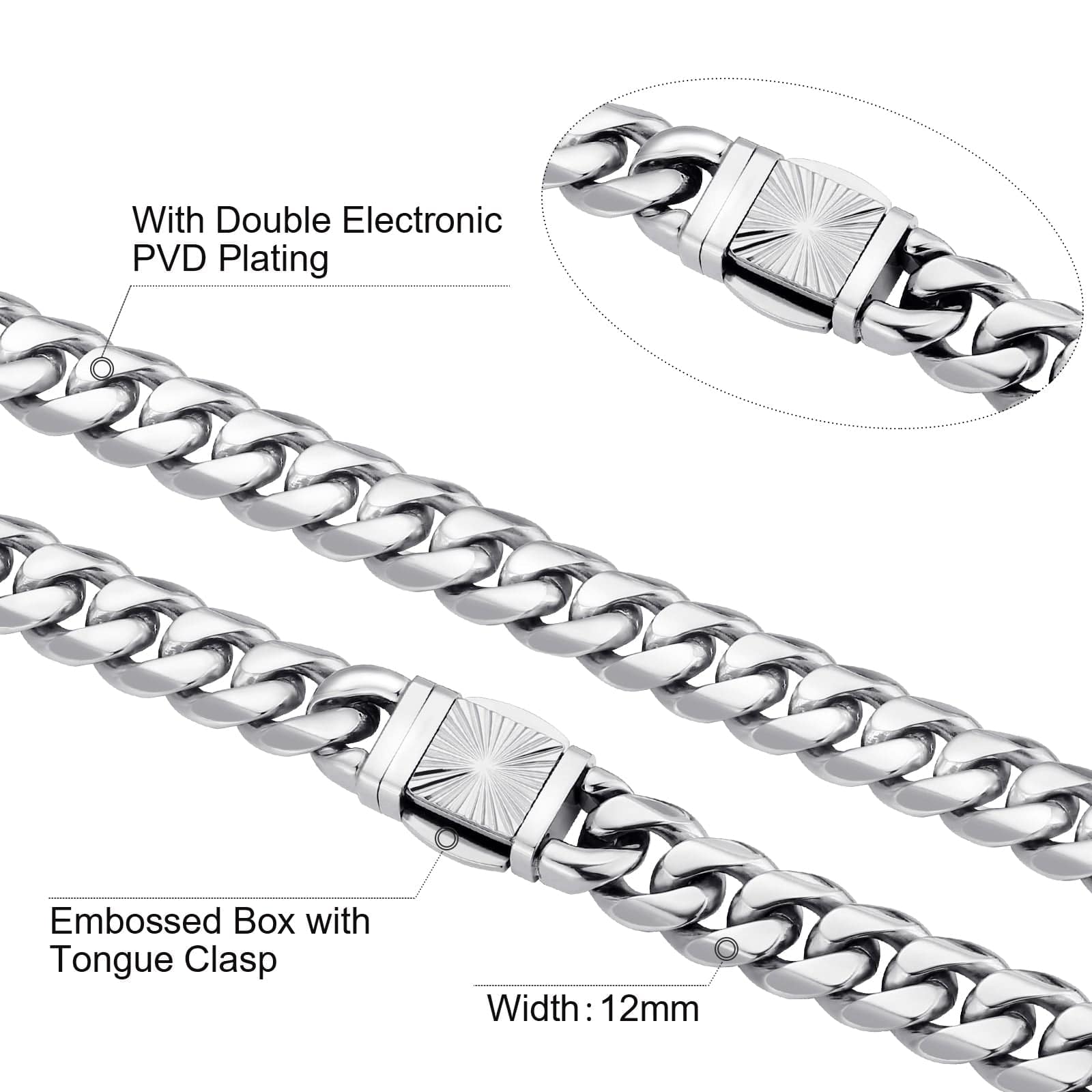 12mm Miami Cuban Link Chain Stainless Steel 6-Sided