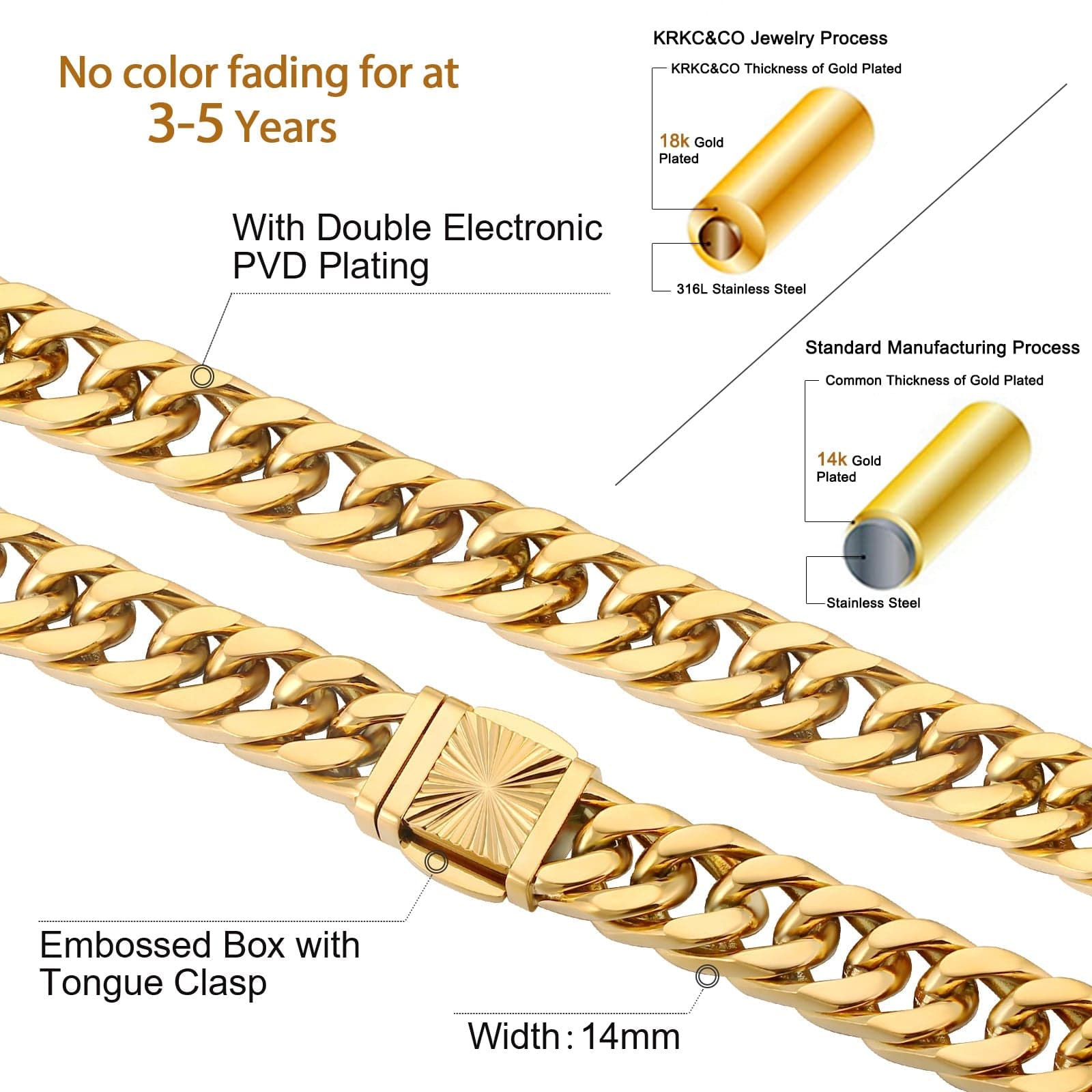 14mm Miami Cuban Link Chain Stainless Steel 4-Side
