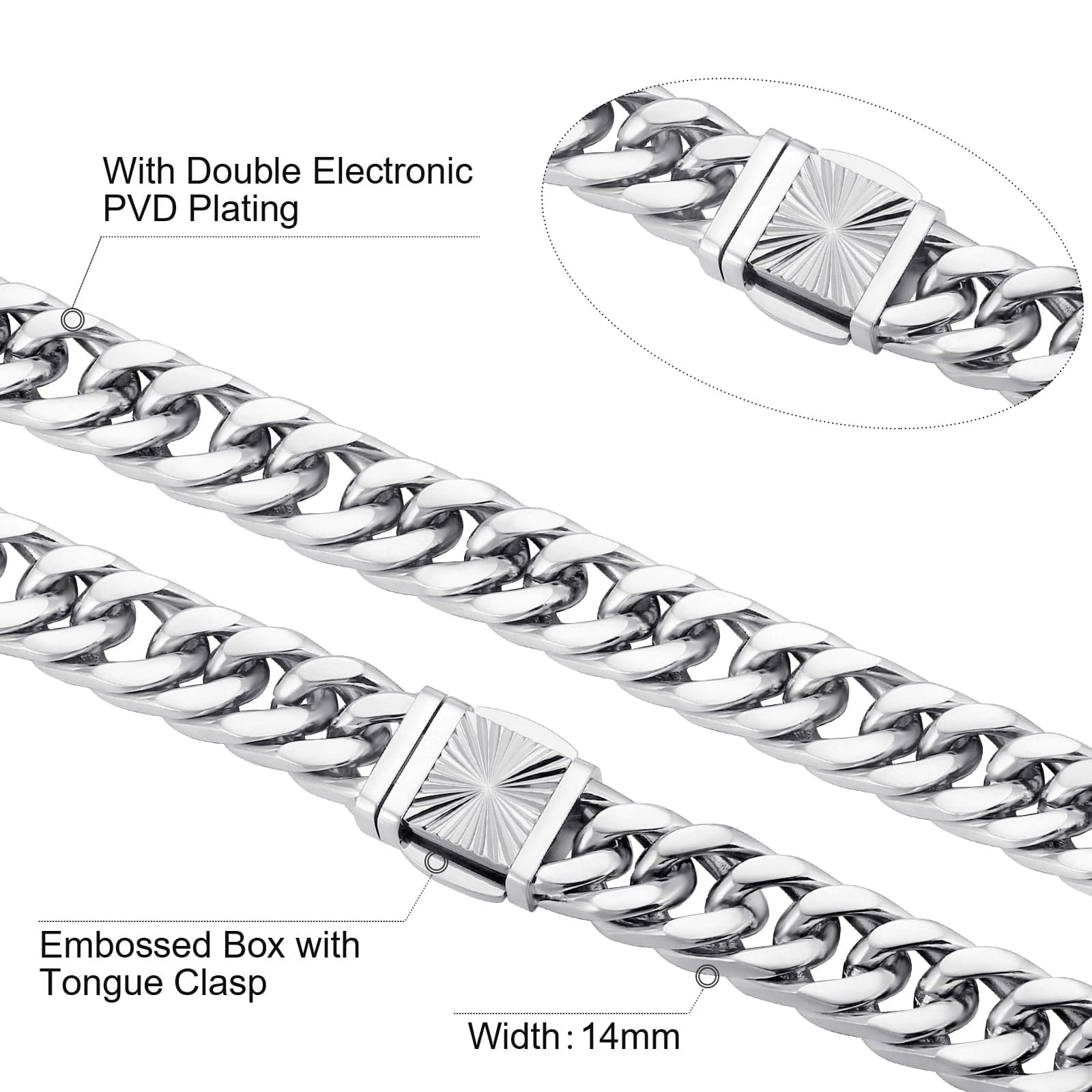 14mm Miami Cuban Link Chain Stainless Steel 4-Side